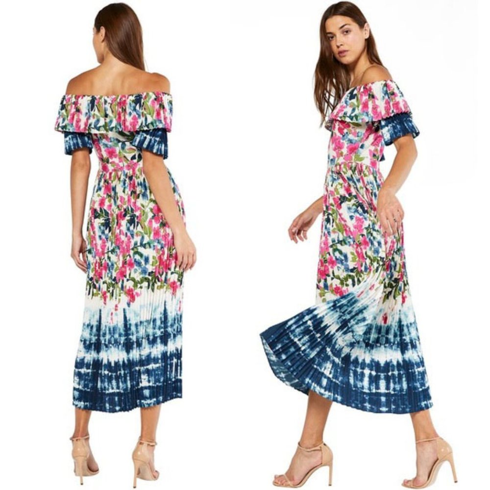 MISA Los Angeles Mirabelle Dip-Dye Floral Pleated Maxi Dress Off Shoulder NWT